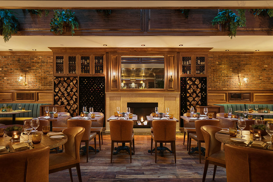 Modern bistro interior with geometric pendant lights and warm ambiance