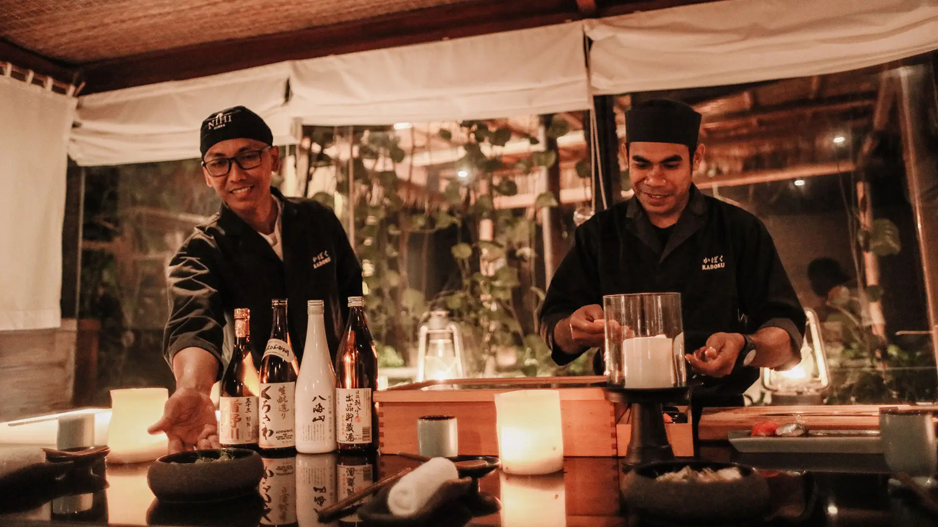 Modern bistro interior with geometric pendant lights and warm ambiance
